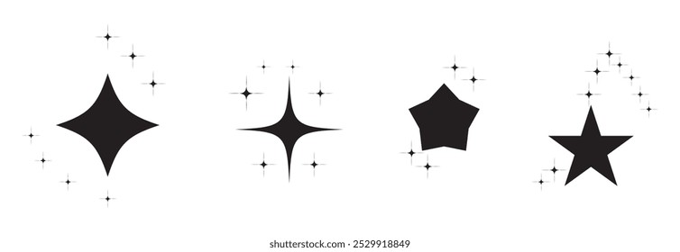 Star icons vector set. Abstract black sparkles. Twinkling stars, shining burst. Christmas vector symbols isolated on white background.