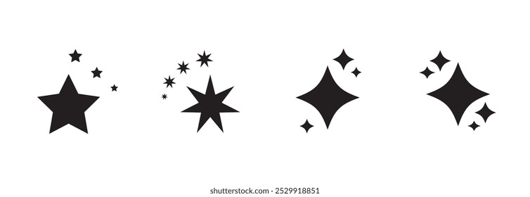 Star icons vector set. Abstract black sparkles. Twinkling stars, shining burst. Christmas vector symbols isolated on white background.