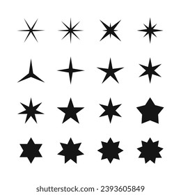 Star icons vector set. Twinkling stars, shining burst. Christmas vector symbols. Set of different shape stars icons for design.