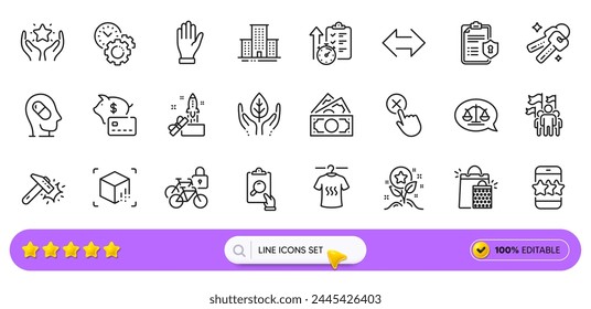 Iconos de la línea de camisetas Star, Innovation y Dry para App de Web. Paquete de puntos de fidelidad, dinero, iconos de pictogramas de temporizador. Ranking, Escalas de justicia, Señales de taquillas de bicicletas. Comercio justo. Barra de Búsqueda. Vector