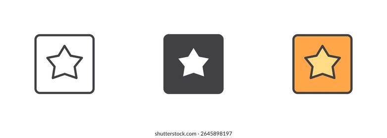 Estrela dentro de um ícone quadrado em três estilos: linha, sólido e contorno preenchido colorido. Sinal de ícone de estrela vetorial, perfeito como símbolo favorito ou em destaque. Embalagem colorida.