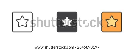 Star inside a square icon in three styles: line, solid, and colorful filled outline. Vector star icon sign, perfect as favorite or featured symbol. Colorful set pack.