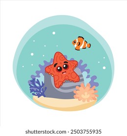 Star. Isolated starfish on white background, bottom of the sea. Cartoon-style color illustration. Seabed with algae, shells and corals