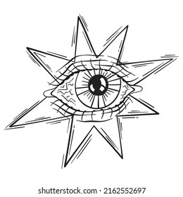 Star with jagged sharp rays and a large open eye. Contour illustration concept art. Surreal modern design isolated on white background. Graphic element in sketch style