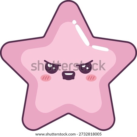 Star with kawaii angry face, arched brow, blush cheek, and glossy highlight in bold outline. Symbol of attitude, sass, confidence, and fierce mood for emoji or sticker. Cartoon vector illustration.