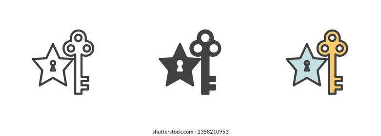Conjunto de iconos de estilo diferente de estrella y clave. Línea, glifo y contorno relleno versión colorida, contorno y signo vectorial relleno. Símbolo de clave para éxito, ilustración del logotipo. Gráficos vectoriales