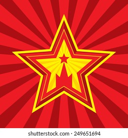 Star with Kremlin symbols - vector concept illustration in Soviet Union agitation style. Russia and USSR signs. Moscow icon. Red background. May 9 Victory Day. Design element.