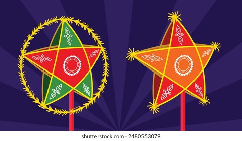 Star lantern, Mid-Autumn Festival, traditional Vietnamese handcraft lantern, Den Ong Sao , moon festival clip art. Vector illustration, 3D art. Cartoon style.