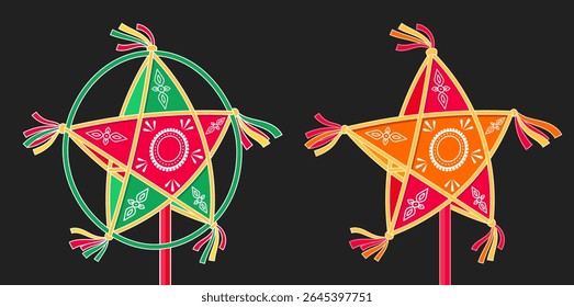 Star lantern, Mid-Autumn Festival, traditional Vietnamese handcraft lantern, Den Ong Sao, moon festival clip art. Vector illustration, 3D art. Cartoon style.