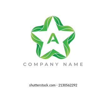 Símbolo de icono del logotipo de estrella y hoja con la letra A. Plantilla de logotipo del vector