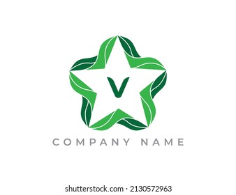 Star and Leaf Logo icon symbol with Letter V. Vector logo template