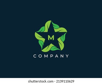 Símbolo de icono de logotipo de estrella y hoja Diseño con plantilla de logotipo de letra M. Vector