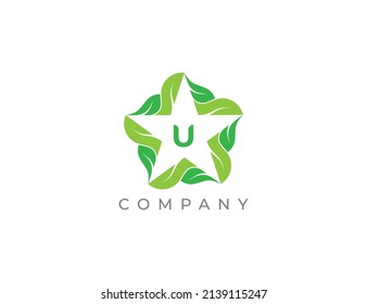 Star and Leaf Logo sign icon symbol Design with Letter U. Vector logo template