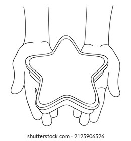 La estrella está sobre las palmas de las manos humanas. Esbozo, dibujo lineal. Expresión de sentimientos, gratitud, recompensa por una buena acción. Valores humanos básicos. Concepto de caridad y donación. Regalo en caja en forma de estrella