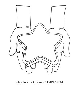 Star lies on palms of human hands. One continuous line drawing. Sketch, linear drawing. Expression of feelings, gratitude, reward for a good deed. Core human values. Charity and donation concept