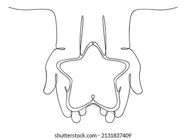 Star lies on palms of human hands. One continuous line drawing. Sketch, linear drawing. Expression of feelings, gratitude, reward for a good deed. Core human values. Charity and donation concept