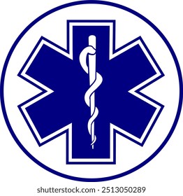 Estrella de la vida Ambulancia Médica Logo en círculo, símbolo médico de la emergencia, estrella de la vida EMT icono. Fármacos Muestra de farmacia, ilustración de stock
