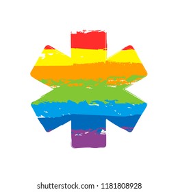 Star of life. Drawing sign with LGBT style, seven colors of rainbow (red, orange, yellow, green, blue, indigo, violet