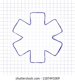 Star of life. Hand drawn picture on paper sheet. Blue ink, outline sketch style. Doodle on checkered background