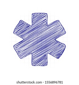 star of life. Hand drawn sketched picture with scribble fill. Blue ink. Doodle on white background