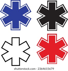 Star of Life Symbol. Satz von drei medizinischen Symbolen. Notzeichen Blank Black Star of Life Symbol für medizinische Notfalldienste. Flachstil.