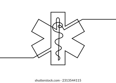 Star of Life medical sign in continuous line art drawing style. Emergency medical services symbol black outline isolated on white background. Vector illustration