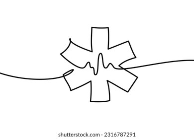 Star of Life medical sign in continuous line art drawing style. Emergency medical services symbol black outline isolated on white background. Vector illustration