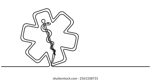 Star of Life medical sign in continuous line art drawing style. Emergency medical services symbol black outline isolated on white background. Vector illustration, Medical symbol blue Star of Life pro.