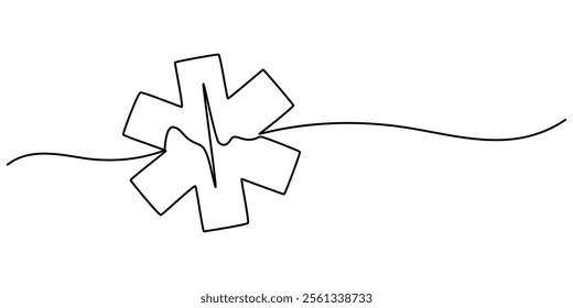 Star of Life medical sign in continuous line art drawing style. Emergency medical services symbol black outline isolated on white background. Vector illustration, Medical symbol blue Star of Life pro.