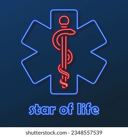 star of life neon sign, modern glowing banner design, colorful modern design trends on black background. Vector illustration.