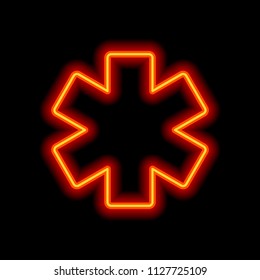 Star of life. Orange neon style on black background. Light icon