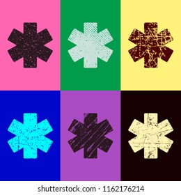 Star of life. Pop art style. Scratched icons on 6 colour backgrounds. 