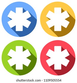 Star of life. Set of white icons with long shadow on blue, orange, green and red colored circles. Sticker style