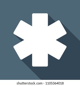 Star of life. White flat icon with long shadow on background