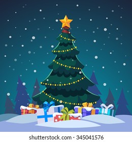 Star And Light Bulb Chain Decorated Christmas Tree With Gift Boxes Standing In The Night Forest. Flat Style Isolated Vector Illustration.