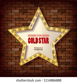 Star with light bulbs on the background of the brick wall. Vector illustration