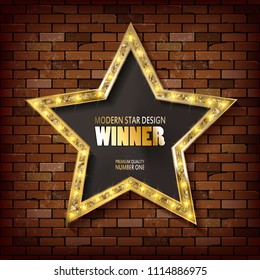 Star with light bulbs on the background of the brick wall. Vector illustration