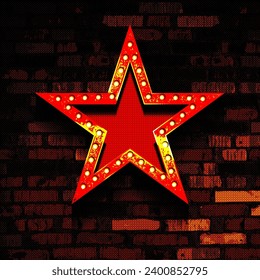 Una estrella con bombillas en el fondo de una pared de ladrillo vintage. Ilustración del vector