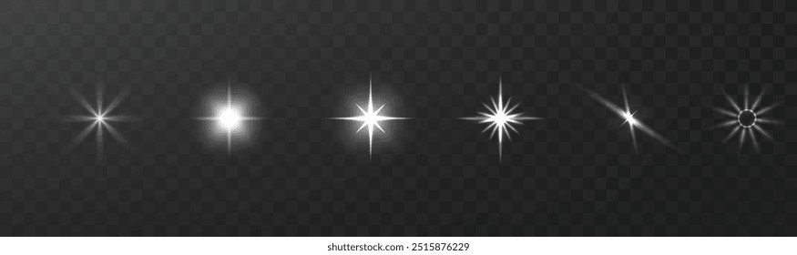 Efeito de luz de estrela no plano de fundo preto. Estrelas cintilantes de Natal e luzes piscando e piscando. Estrela de luz branca brilhante, raios de sol estourados.