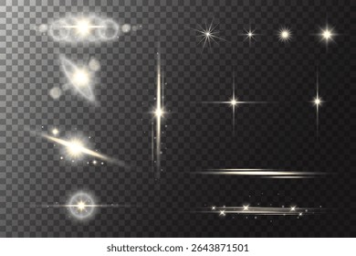 Ster met lichtflare gloed. Glanzende schitteringen met glitter en flitsen. Vector gouden schittering op transparante achtergrond. Gele magie twinkelt met wazige zilveren lens flare en reflectie