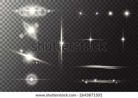 Star with light flare glow. Shiny sparkles with glitter and flashes. Vector golden glare on transparent background. Yellow magic twinkles with blurred silver lens flare and reflection