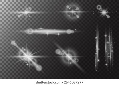 Star light flare. Glowing vector sparkles. Vector bright glitter, sun rays and spotlight on transparent background. Magic starburst with twinkles and beams.