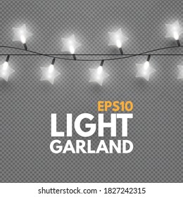 Star light garland on transparent background. Shining Christmas lights.
