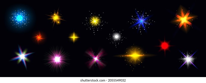 Star light glow, shiny colorful vector glare, bright twinkle or explosion effect with radiant beams. Sparkles and magic flare graphic design elements, glitter and fireworks isolated realistic 3d set