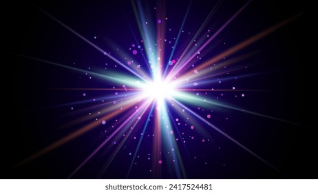 Efecto Inflamación de la lente de la luz de las estrellas. Resumen de fondo superpuesto. Spotlight Flash con Rays. Ilustración del vector de fugas de niebla de destello.