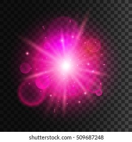 Star light with pink neon lens flare effect. Shining beams of sun sparkles. Glowing magic light with shiny halo on transparent background