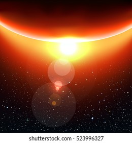 Star light and the red planet. Stars and reflections of light on background. Space vector illustration