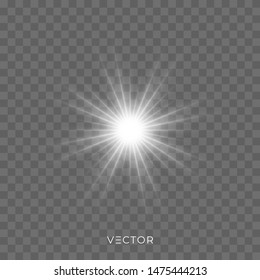 Star light shine, bright starlight rays sparks with lens flare effect on transparent background. Vector Christmas glitter shiny sparkle light