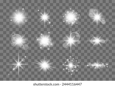 Estrella de luz y brillo brillante. Efecto de luz brillante. Estrella estalló con destellos. Luz del sol. Efecto Destellos y rayos. Estallido de luz blanca, destello estelar. Rayo mágico de la estrella con brillo