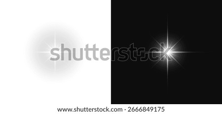 Star light sparkle with glow rays. Flash light on white and black background. Overlay template transparent light star - vector